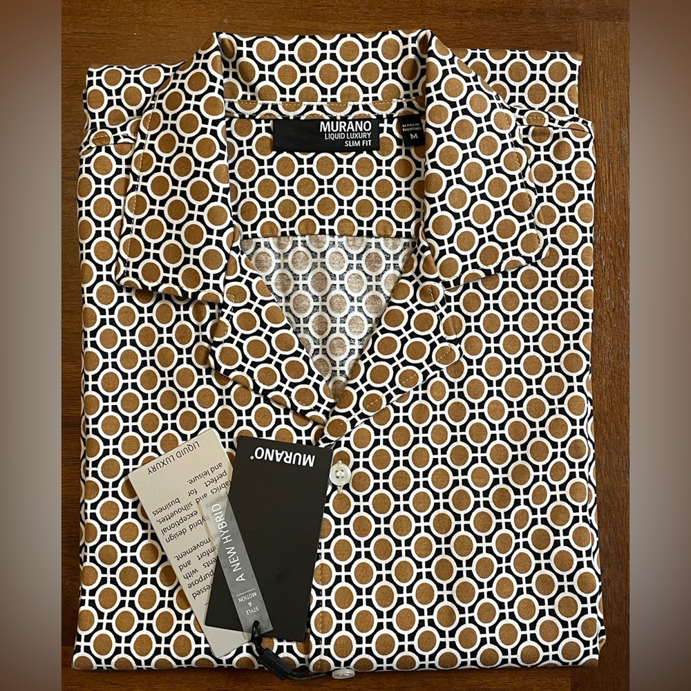 Murano Liquid Luxury Slim Fit Notch Collar Button-Up Shirt Brown/White Size M - Picture 8 of 12